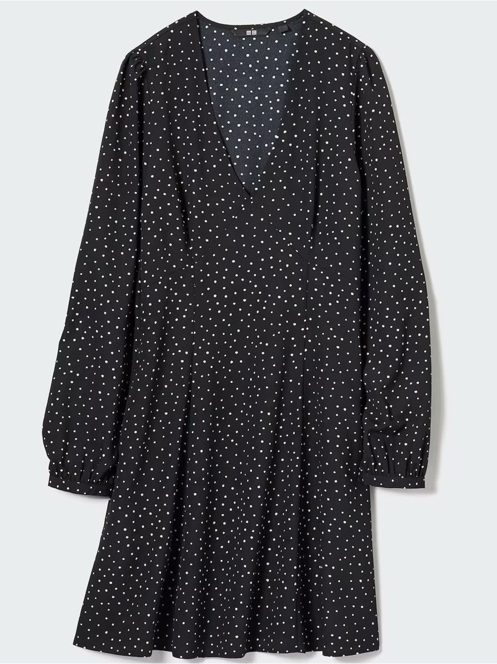 NWT - Uniqlo Printed V-Neck Long-Sleeve Mini Dress in Black Polka Dot - Size M